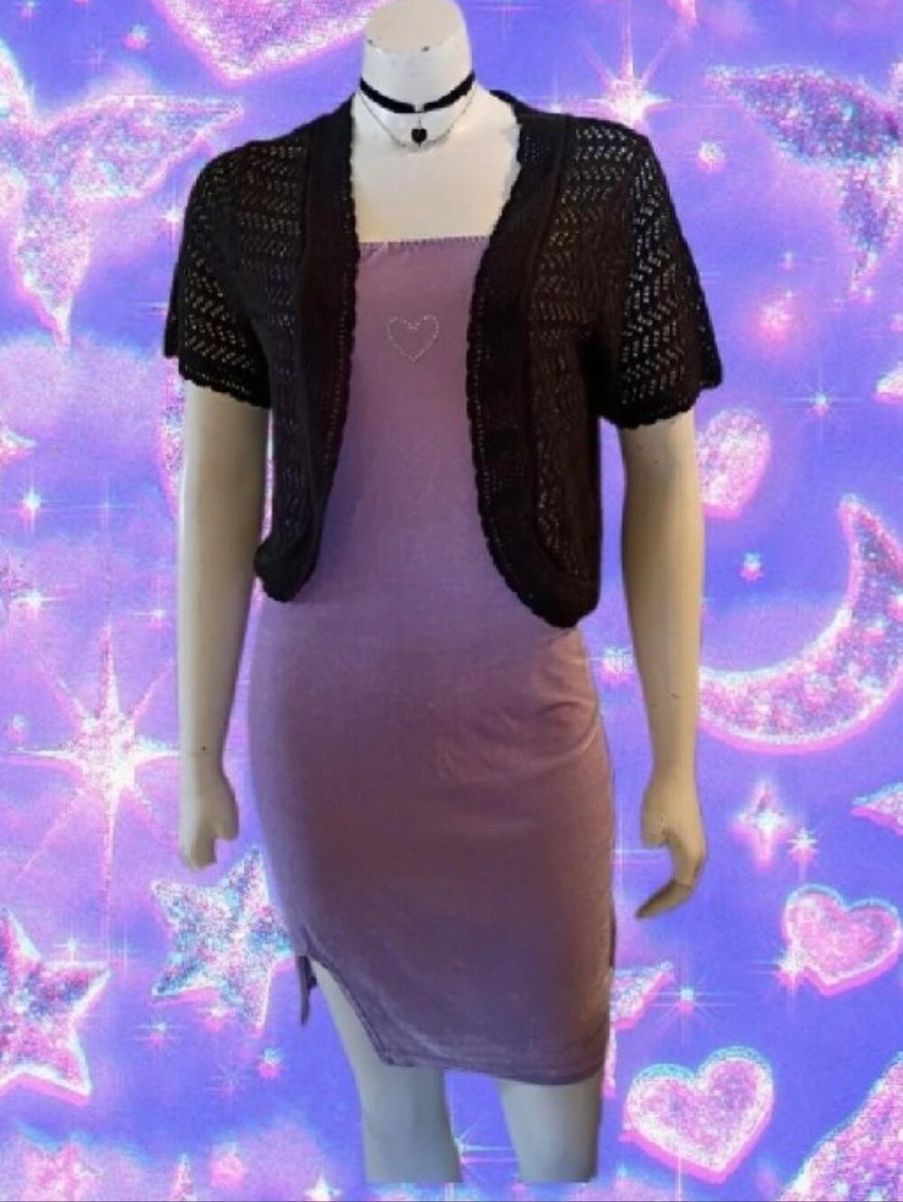 90s Y2K Style Lavender Strapless Velour Bodycon Mini Dress W/ Rhinestone Heart L